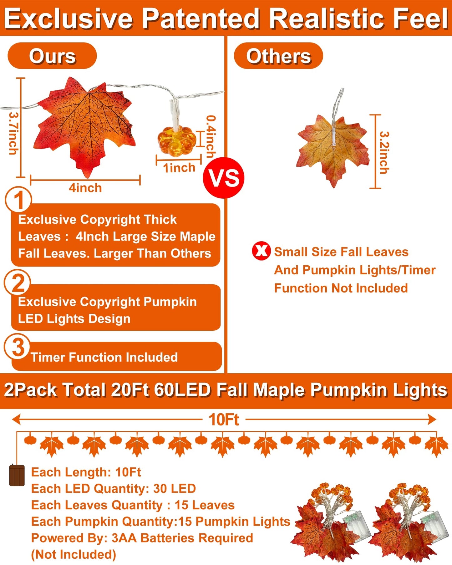 2 Pack & Timer - Fall Garland with Pumpkin Lights Fall Decorations for Home 60 LED 20 Ft Enlarged Maples Leaves Fall Lights Battery Operated Halloween Thanksgiving Indoor Porch Bedroom Wedding Decor
