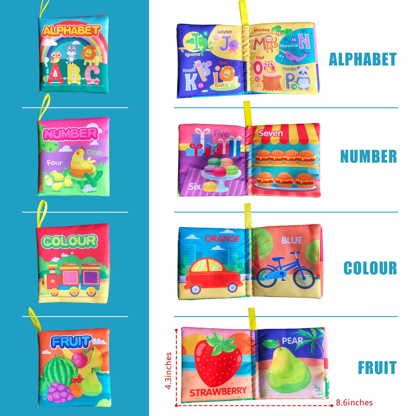 AMINFUN Soft Cloth Baby Book Toy 0-6 Months, Baby Learning Book(ABC-Z,1-10,Colour,Fruit,4 Pack),Touch and Feel Crinkle Book Infants 6-18 Months,Early Educational Toy 0-3, Gift for Babies Infants