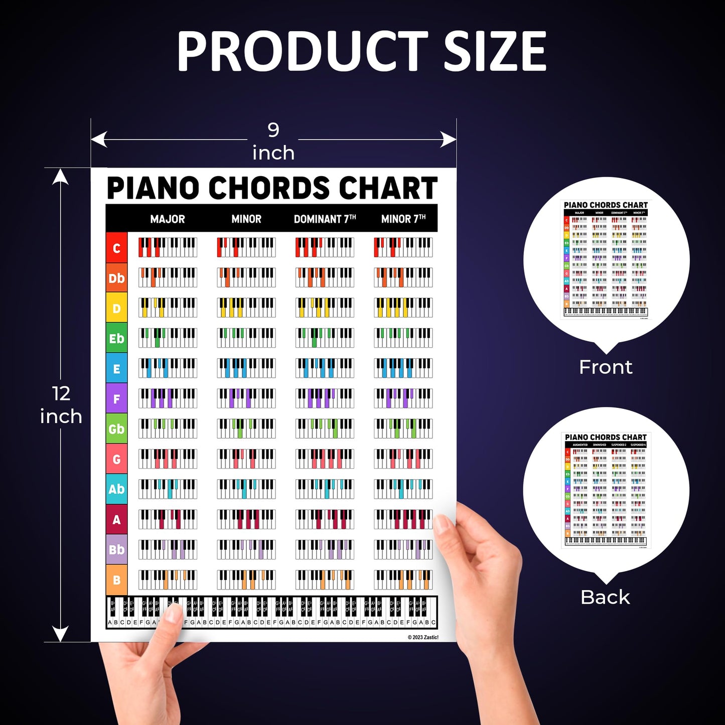 Zastic! Laminated Piano Chords Poster - 8.5 x 11in - Keyboard Key Poster Cheatsheet Note Chart - Essential Piano Accessories