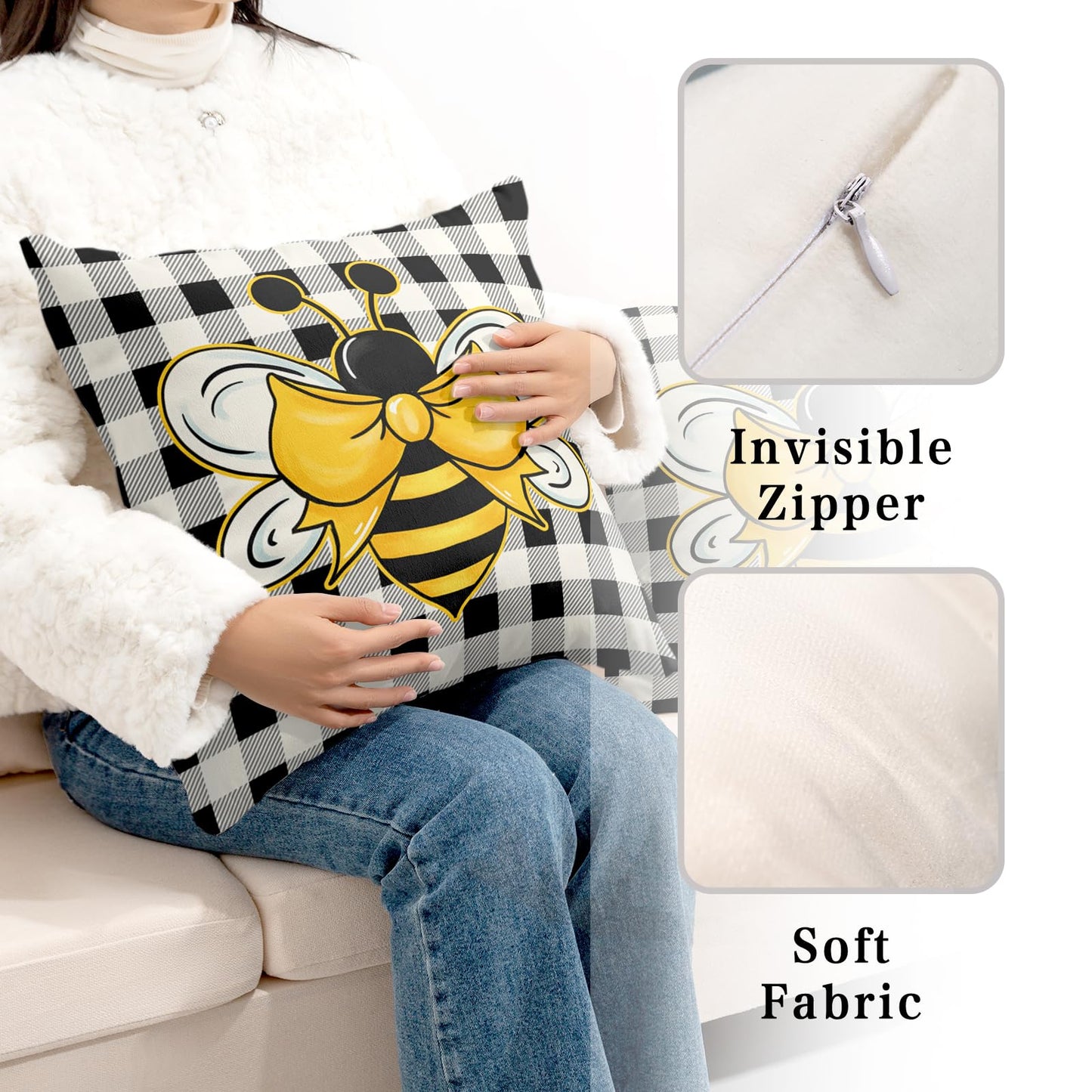 Kwlegh Yellow Bumble Bee Pillow Covers 18x18 Set of 2 Black White Buffalo Plaid Pillow Covers Summer Spring Themed Decorative Cushion Cases Home Decor for Couch Bed Holiday