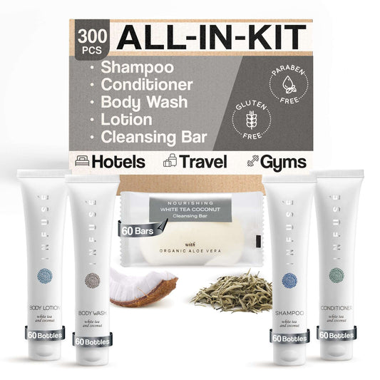 Infuse Pure White Tea and Coconut Hotel Soaps and Toiletries Bulk Set | 1-Shoppe All-In-Kit for Airbnb | 1oz Shampoo & Conditioner, Body Wash, Lotion & 1.25oz Bar Soap | Travel Size 300 Pieces