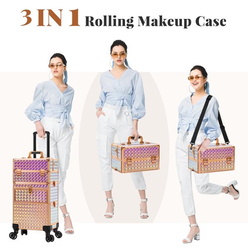 AROUS Rolling Makeup Train Case on 2 Large Drawer, Multi-functional Cosmetic Trolley with 360° Swivel Wheels Keys, Large Storage Traveling Cart Trunk, Train Cases for Nail Technicians Hairstylist