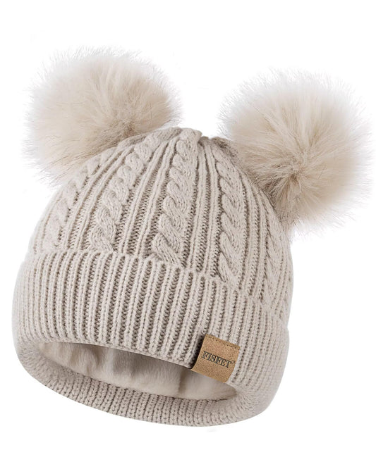 Beanies Women with Double Pom Pom, Winter Hats for Women Cold Weather Warm Knit Fleece Lined, Cute Beanie Cap for Daily Use