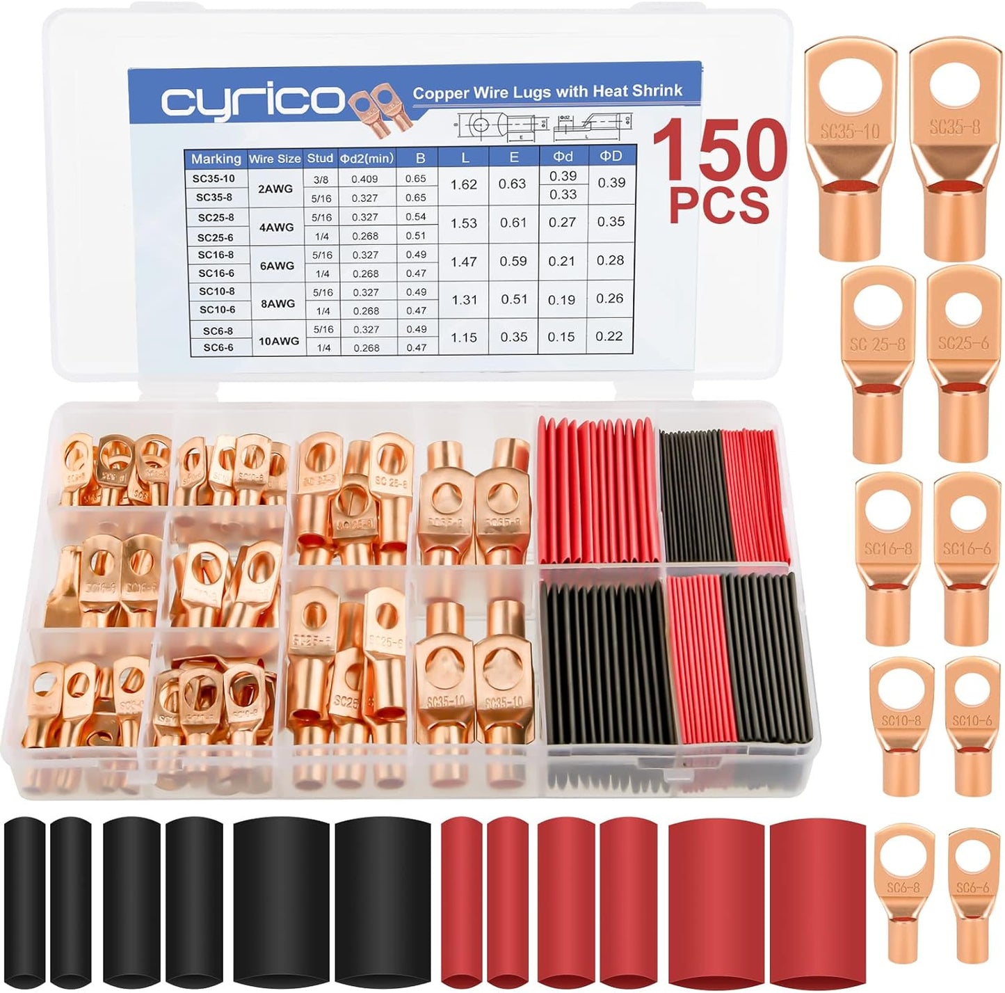 200pcs Battery Cable Ends, Copper Wire Lugs AWG 2 4 6 8 10 Gauge - 100Pcs Battery Cable Lugs Ring Terminal Connectors with 100Pcs Heat Shrink Assortment Kit for Marine Automotive Electrical Supplies