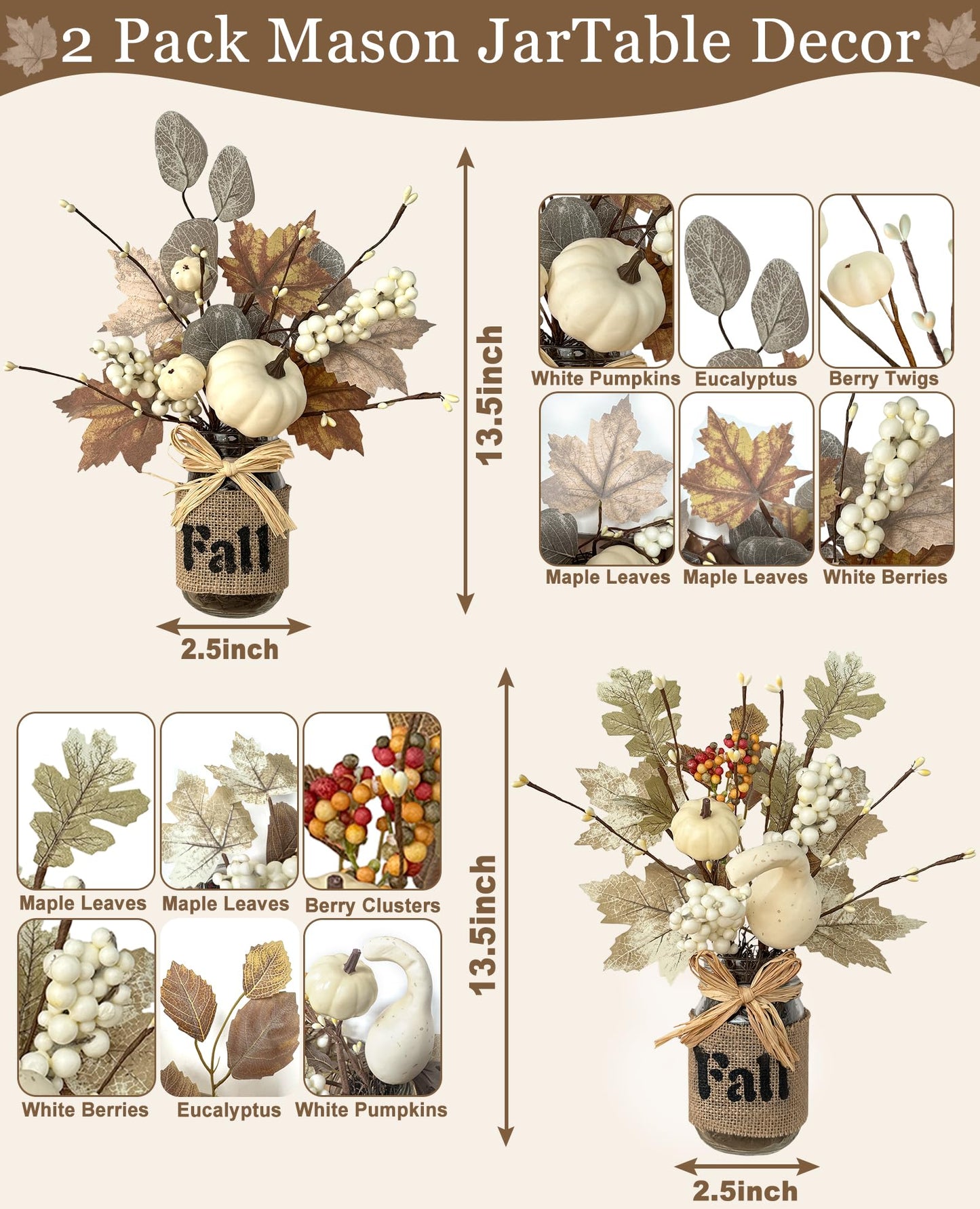 2 Pack 13.5 Inch Fall Decorations for Home Fall Table Centerpieces with 20 LED Lights Timer, Mason Jar with Maple Leafed Pumpkins Berried for Fall Thanksgiving Dining Table Decor Coffee Table Bathroom