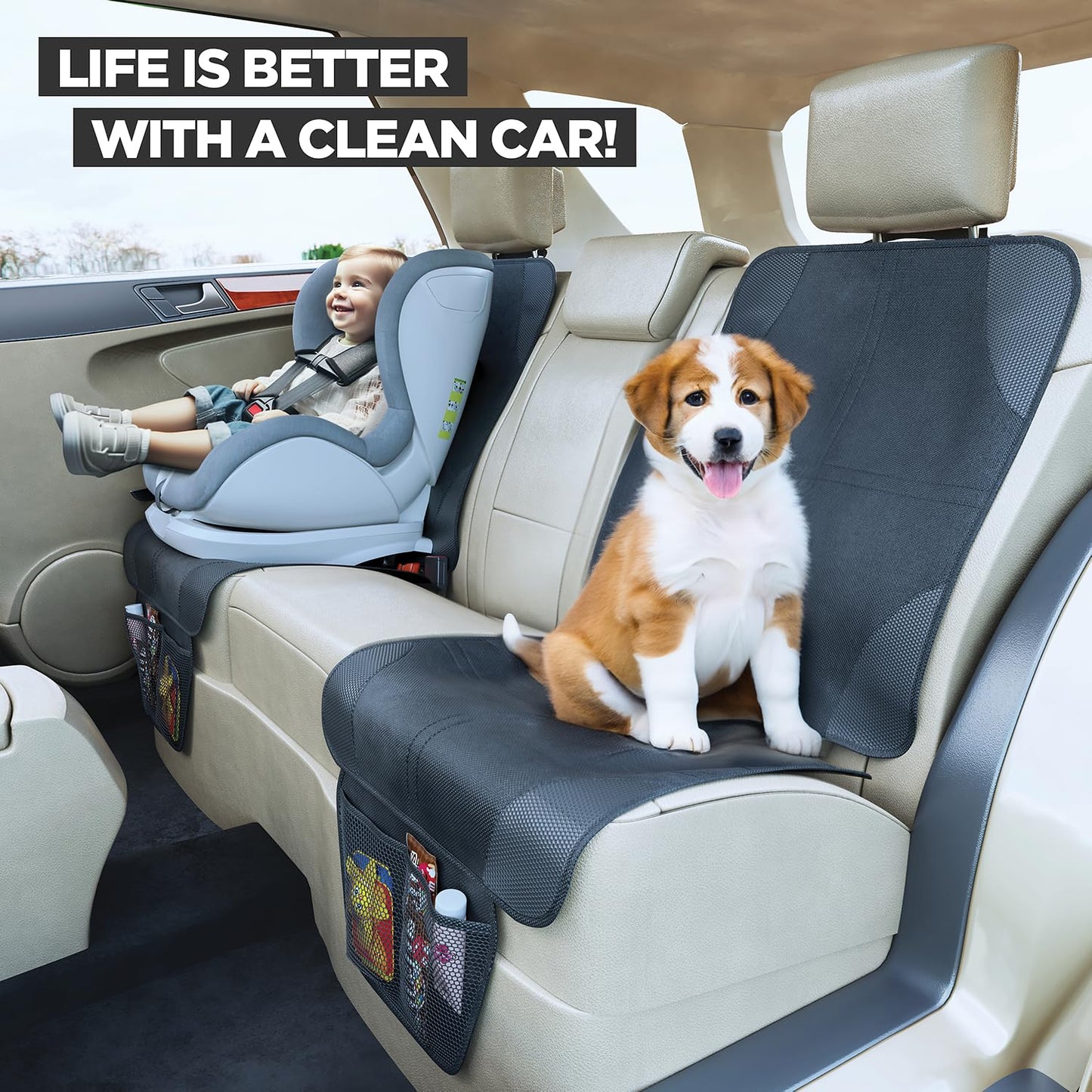 lebogner Car Seat Protector for Baby and Child – Non-Slip, Thick Padded Cover with 2 Mesh Pockets – 1 Pack