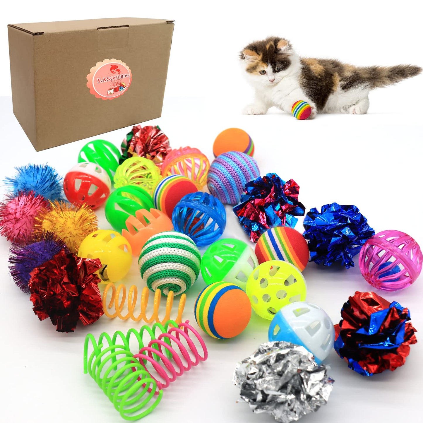 LASOCUHOO Cat Toys Kitten Assortment - Rainbow, Crinkle, Sparkle, Bell & Sisal Balls for All Cats - 30 Packs