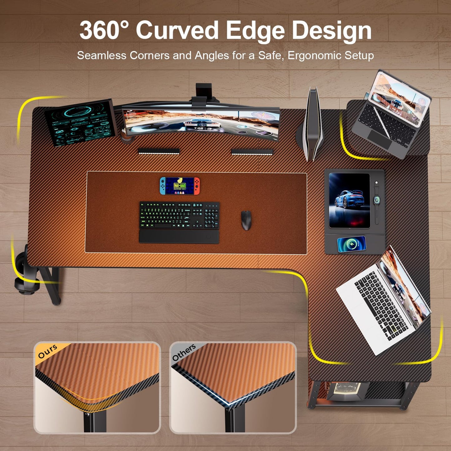 GTPLAYER L Shaped Gaming Desk, Carbon Fiber Style Computer Desk with Monitor Shelf and Hook, Black Small L Shape Desk with Adjustable Open Storage Shelf, Corner PC Table for Small Space Home Office