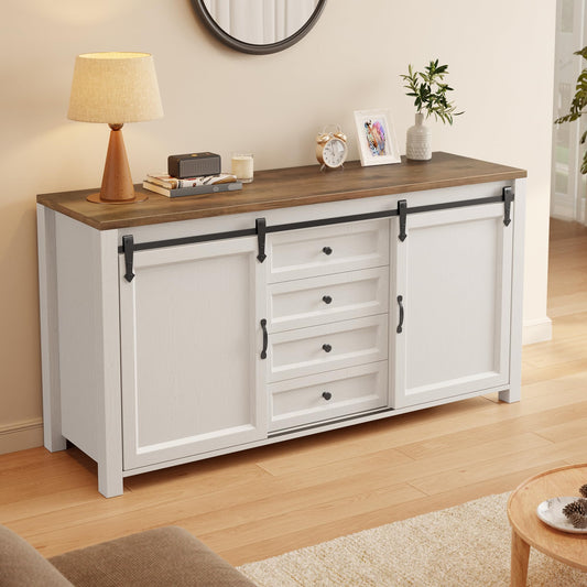Gizoon Sideboard Buffet Cabinet with Storage, Large Kitchen Sideboard and Coffee Bar with Sliding Barn Doors and 4 Drawers, Kitchen Storage Island for Dining Room, Living Room, Retro