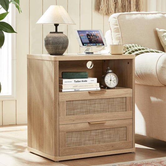 LEYAOYAO Rattan Night Stand with Charger Station, 23" Wide Boho Nightstand with 2 Drawers, Natural Wood Bedside Table Open Storage Cabinet, Bed Side End Tables Dresser for Bedroom, Living Room Hallway
