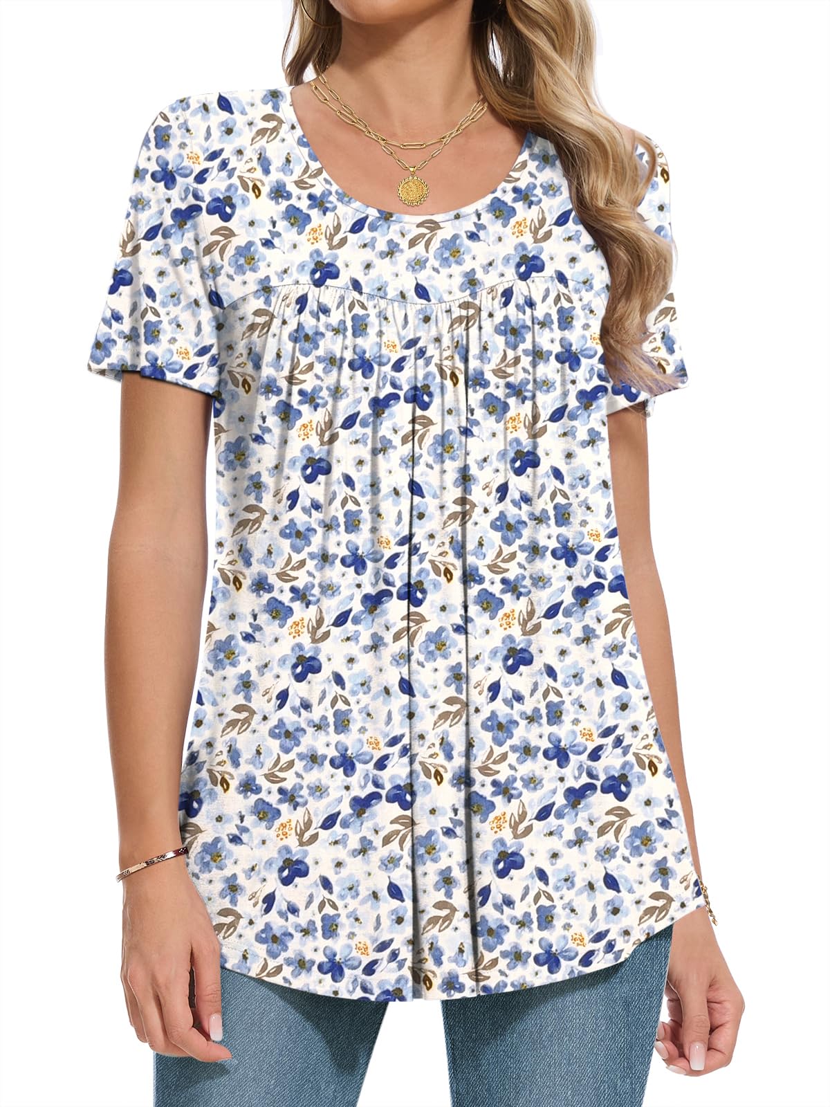MUSE SHOW Women's 2025 Summer Tops Short Sleeve Tunic Shirts Casual Comfy Blouse White and Blue Flowers L