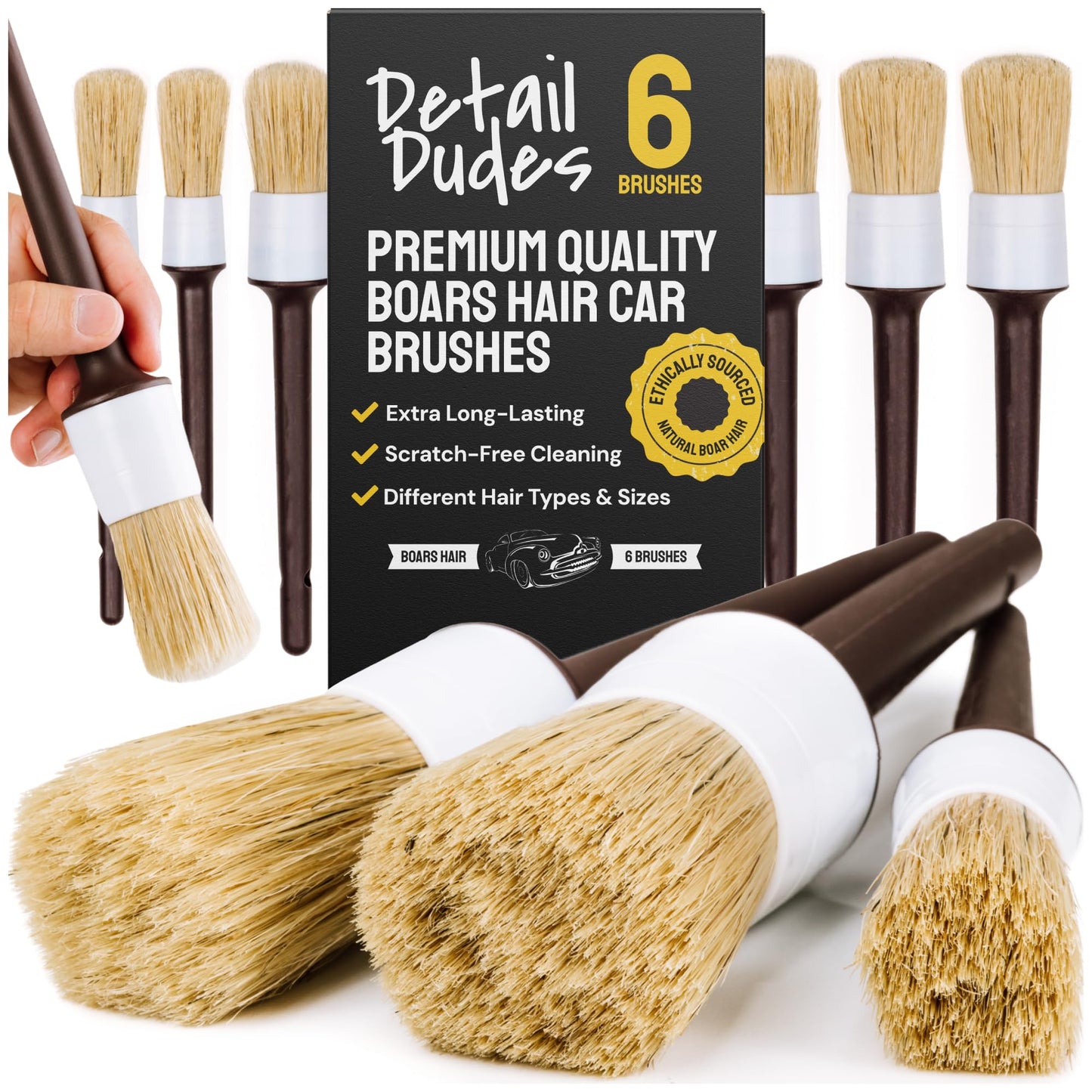 Soft Boars Hair Car Detailing Brush Set for Washing (3 Pack) - Car Detailing Kit - Automotive Cleaning Brush