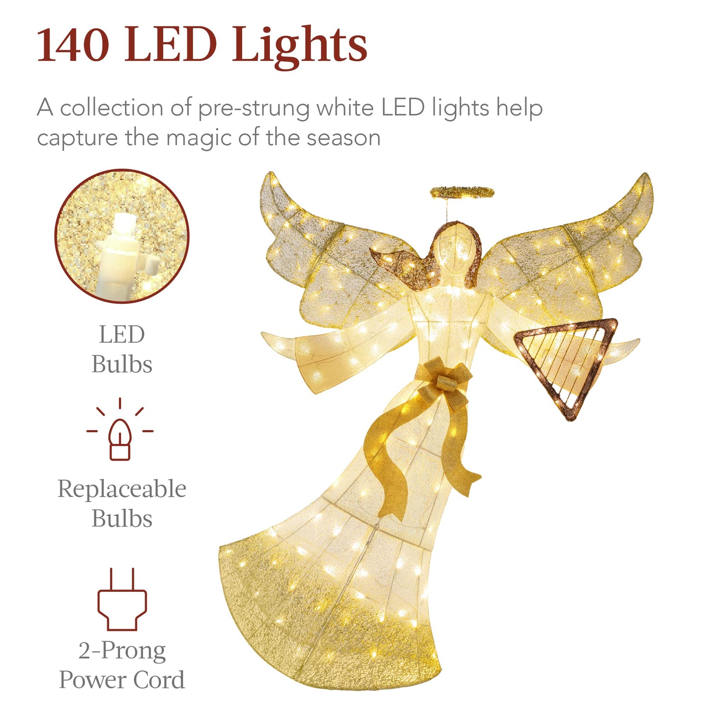 Best Choice Products 5ft Lighted Outdoor Angel Christmas Decoration, Pre-Lit Winged Holiday Figure for Lawn w/ 140 LED Lights, Harp, Bow, Halo, Zip Ties, Ground Stakes