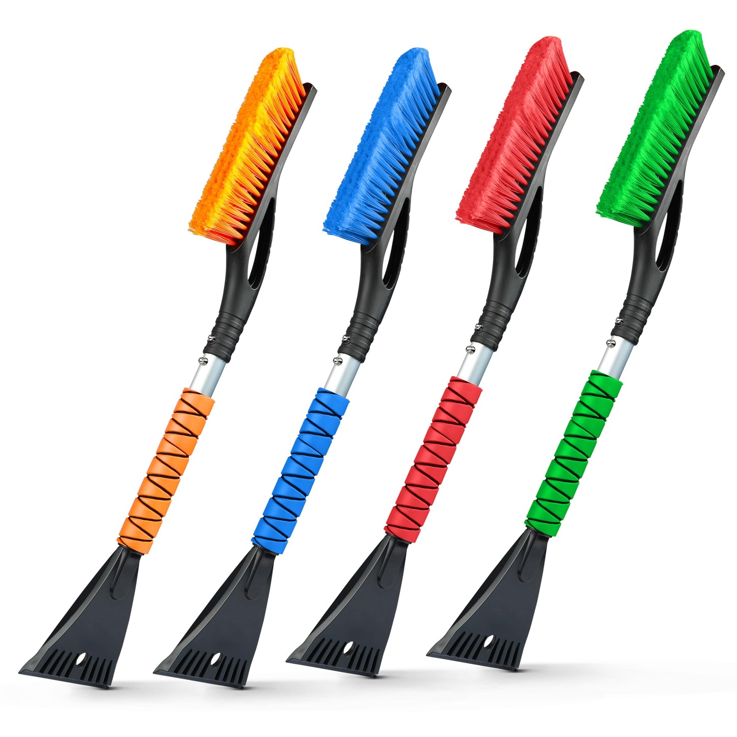 EcoNour 27" Aluminum Car Snow Scraper and Brush (Orange, Red, Green & Blue) | Weaved Bristle Head with Metal Body Ice Scraper for Car Windshield | Ice Scraper with Foam Grip Winter Accessory | 4 Pack