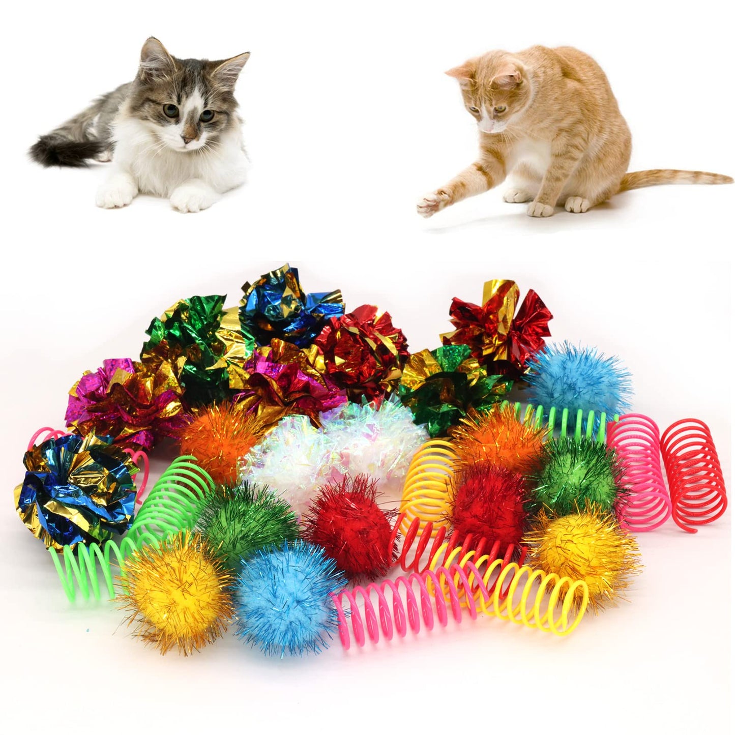 LASOCUHOO Cat Toys, 30 Packs Interactive Cat Toy Pack Including Cat Crinkle Balls, Cat Sparkle Balls, Spiral Springs for Most Cats
