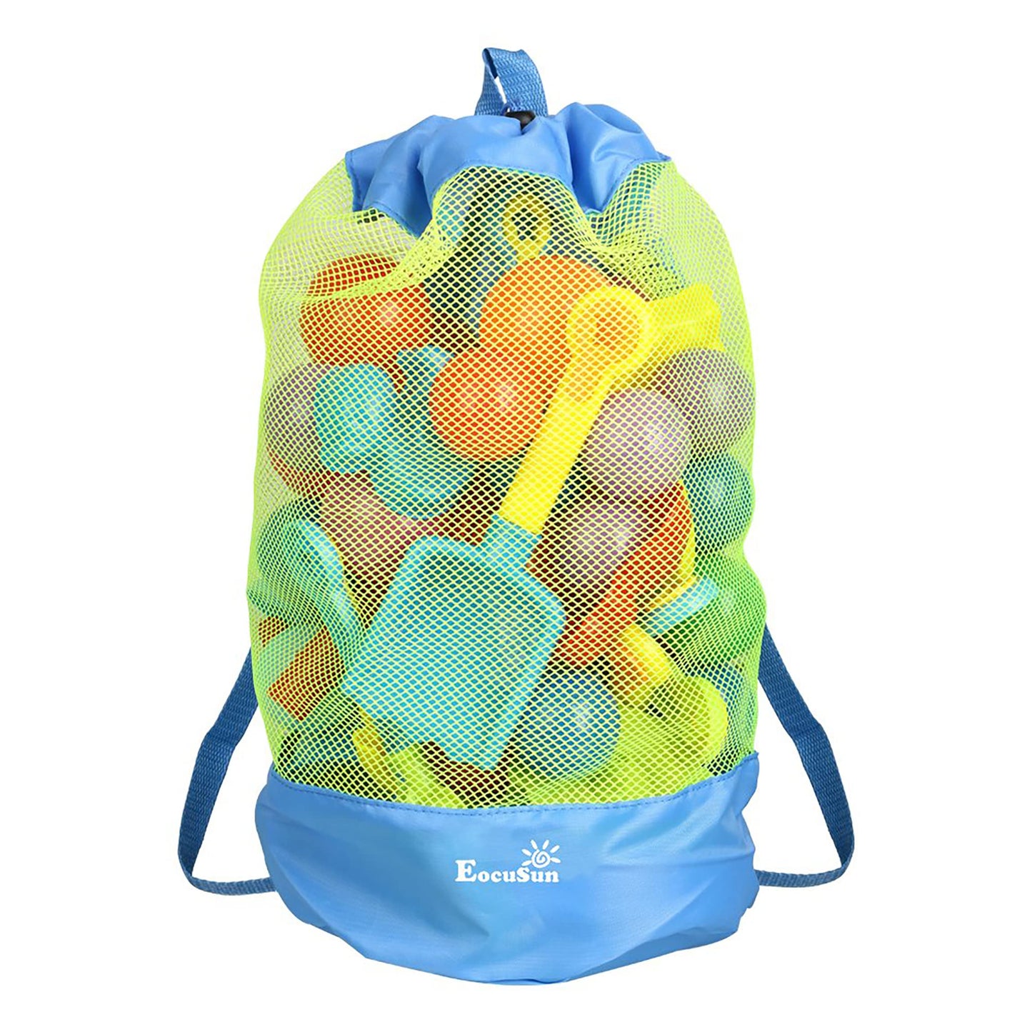 EocuSun Large Mesh Beach Bag Tote Durable Sand Away Drawstring Backpack Swim and Pool Toys Balls Storage Bags Packs, Stay Away From Sand and Water, Toy Not Included, Blue