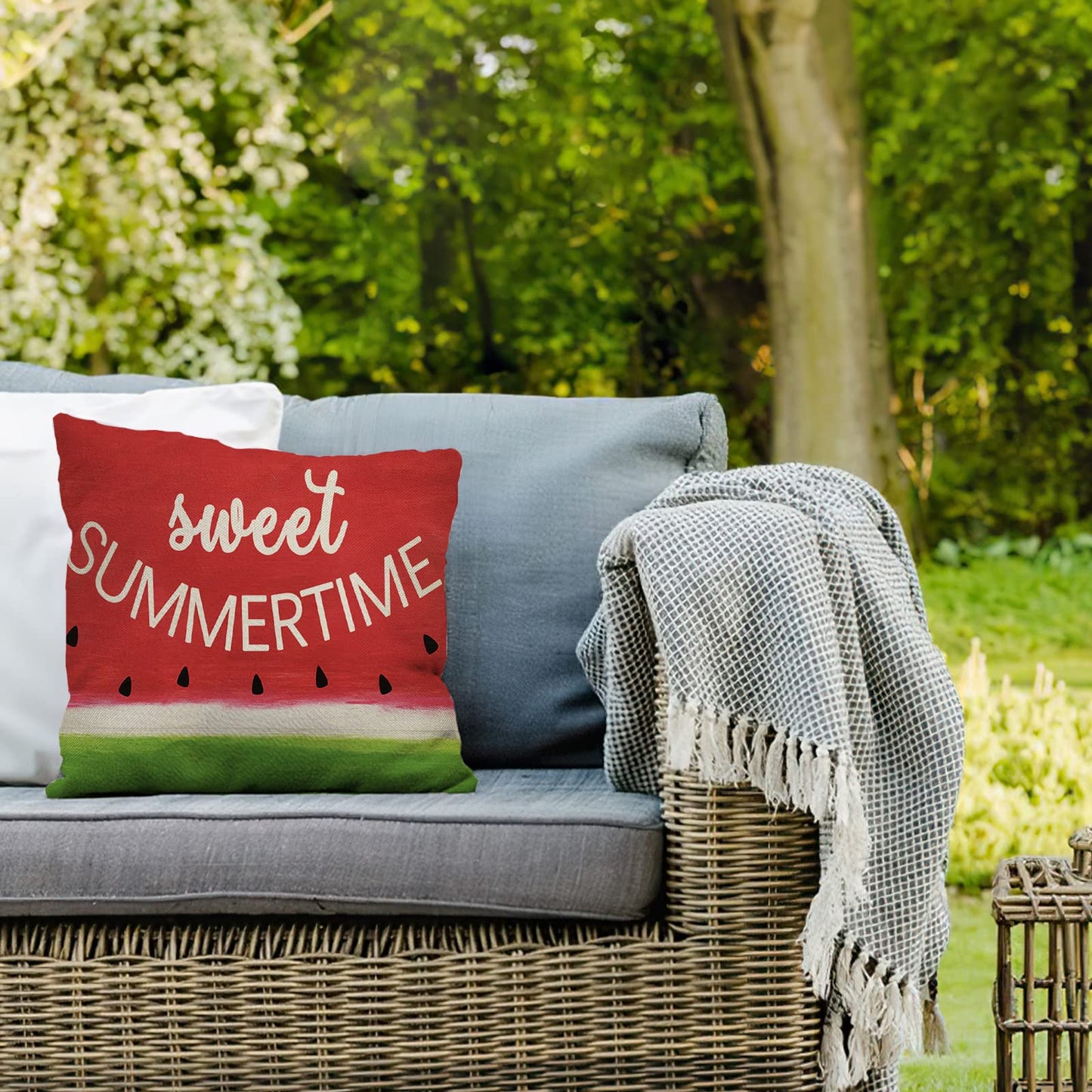 Softxpp Sweet Summer Time Decorative Throw Pillow Cover, Red Watermelon Sign Cushion Case Seasonal Rustic Home Decorations, Green Farmhouse Square Pillowcases Cotton Linen Decor for Sofa Couch 18 x 18