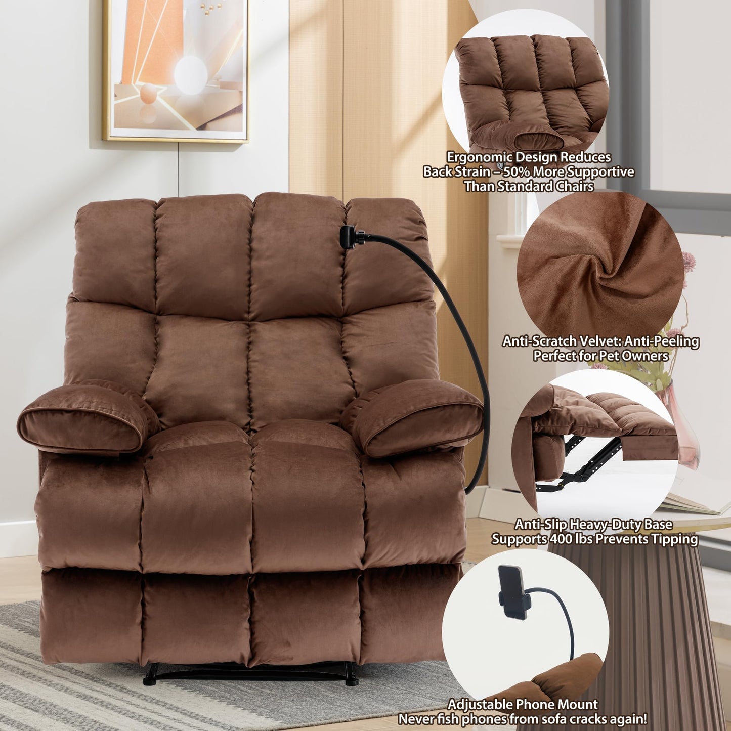 GNMLP2020 Oversized Recliner Chair, Big Mans Recliner Chairs for Adults 400LBS, Extra Wide Recliners for Tall Man, Large Recliner Chair for Living Room, Brown
