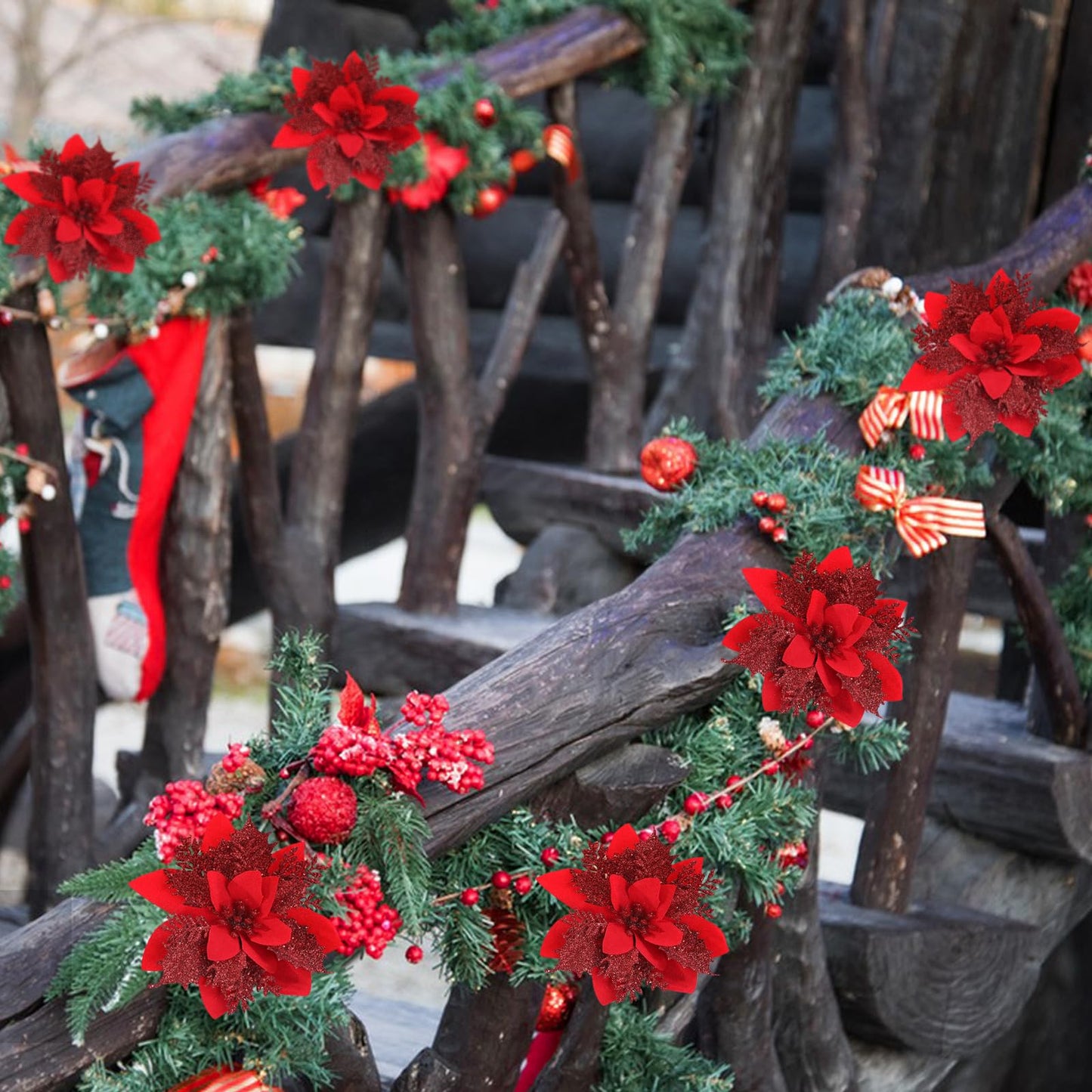 24 Artificial Red Poinsettia Flower Clips with Stems,Red Christmas Ornaments for Tree Decoration with Clips Stems Fake Poinsettias Flowers Home Party Christmas Decor