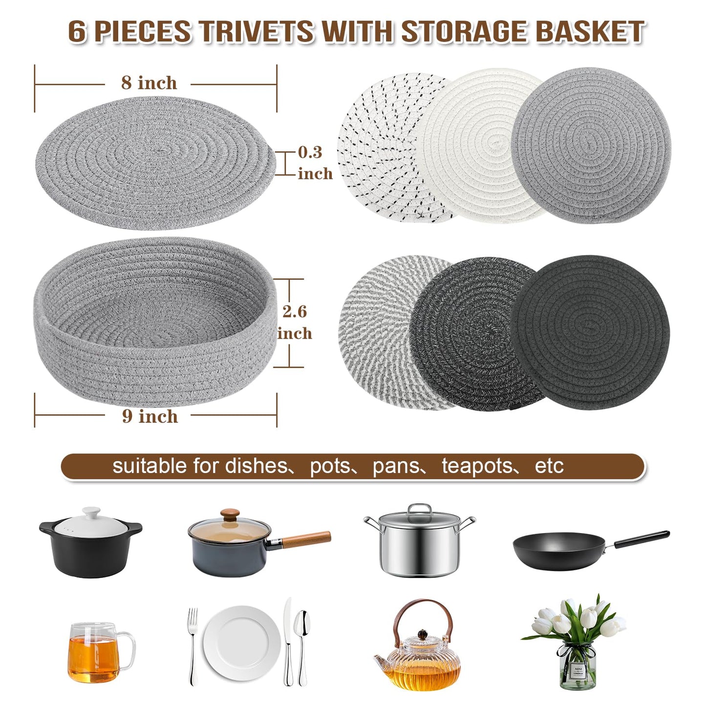 8" Trivets for Hot Dishes, Hot pots and Pans,6 Heat Resistant Hot Pads and Storage Basket 1 Pack,Pot Holders for Kitchen, Hot Plate Mats for Kitchen Countertops
