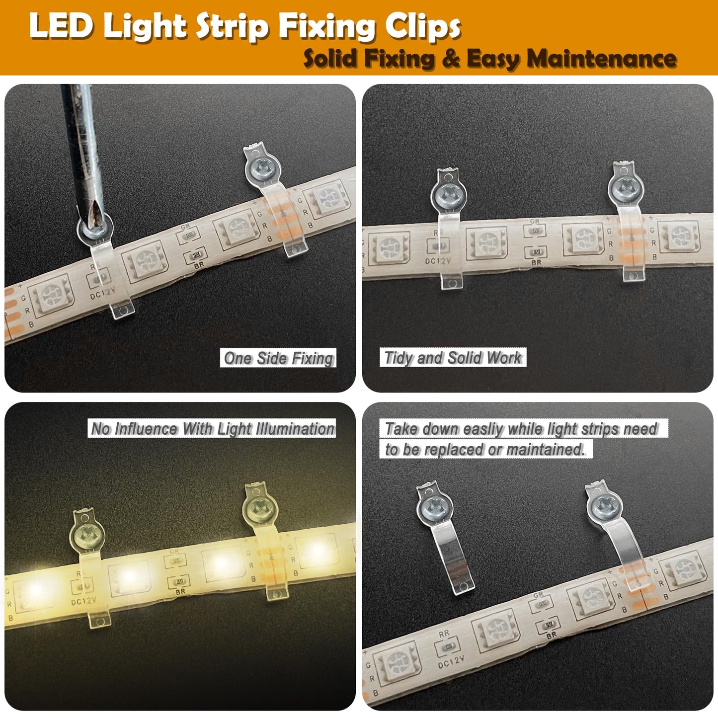 GRIVER 100 Pack Strip Light Mounting Brackets,Fixing Clips,One-Side Fixing,100 Screws Included (Ideal for 10mm Wide Waterproof Strip Lights)