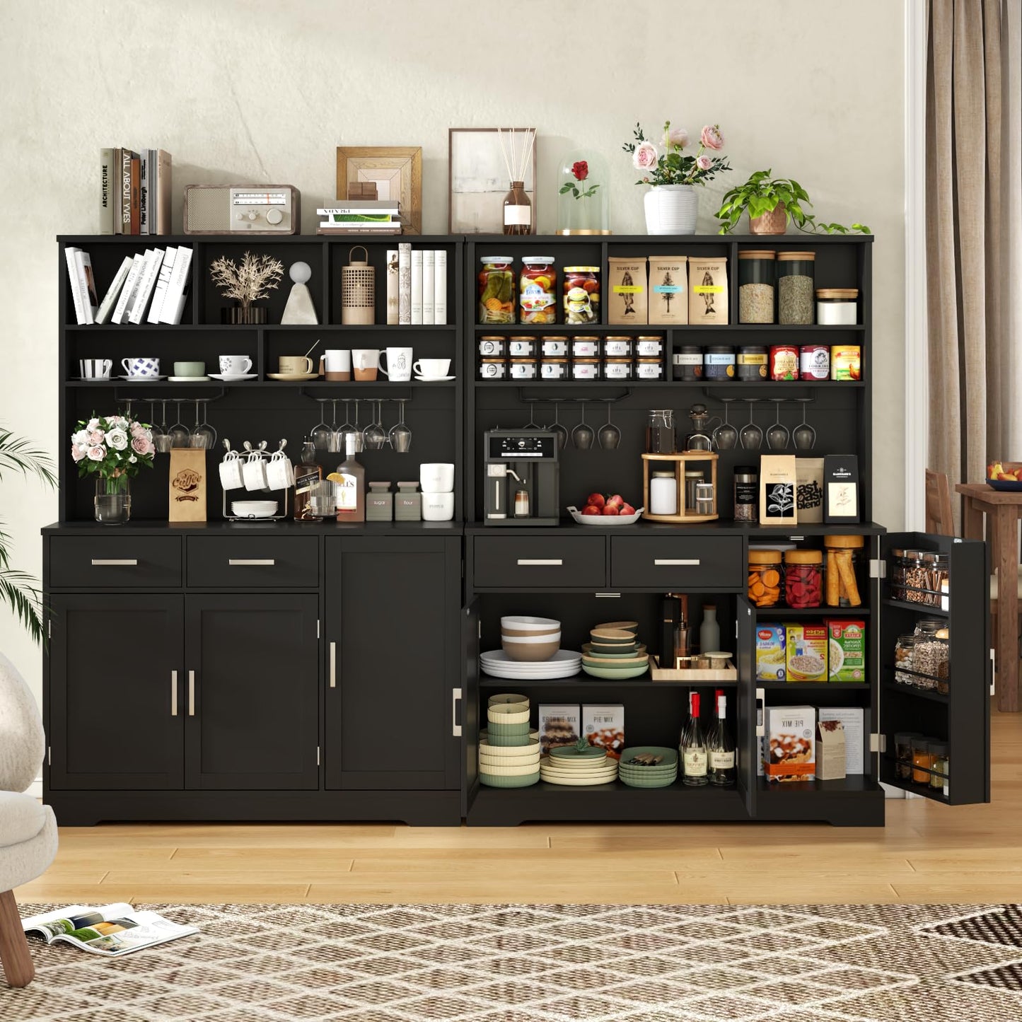 Kitchen Pantry Storage Cabinet with 2 Drawers, Tall Kitchen Hutch Cabinet with Microwave Shelf, Modern Buffet Cabinets with Goblet Holders, Food Pantry with Adjustable Shelves for Dining Room, Black