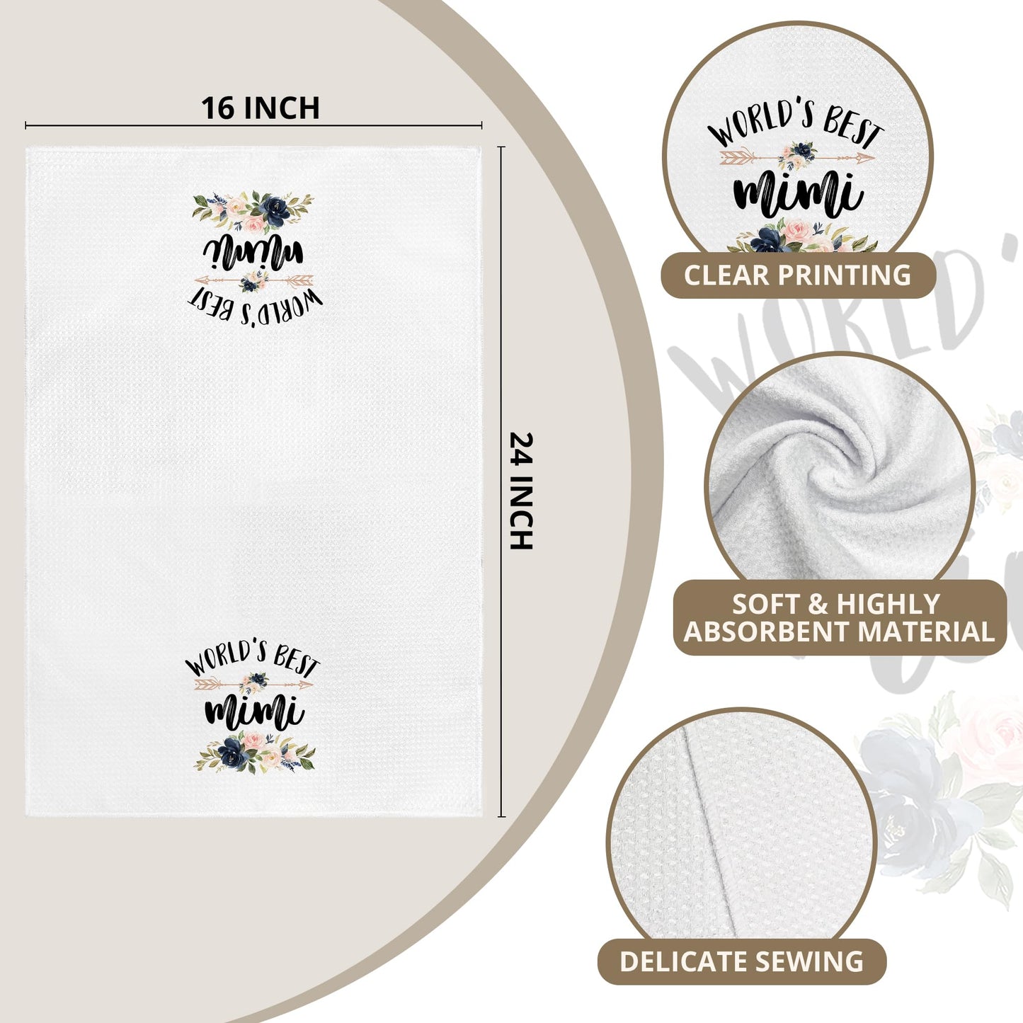 WAITPI Mimi Grandma Gifts Kitchen Towels, World's Best Mimi Christmas Birthday Gifts Hand Towels for Grandma from Grandkids, Floral Decorative Hand Dish Towels for Bathroom Mother's Day Decor 16x24 In