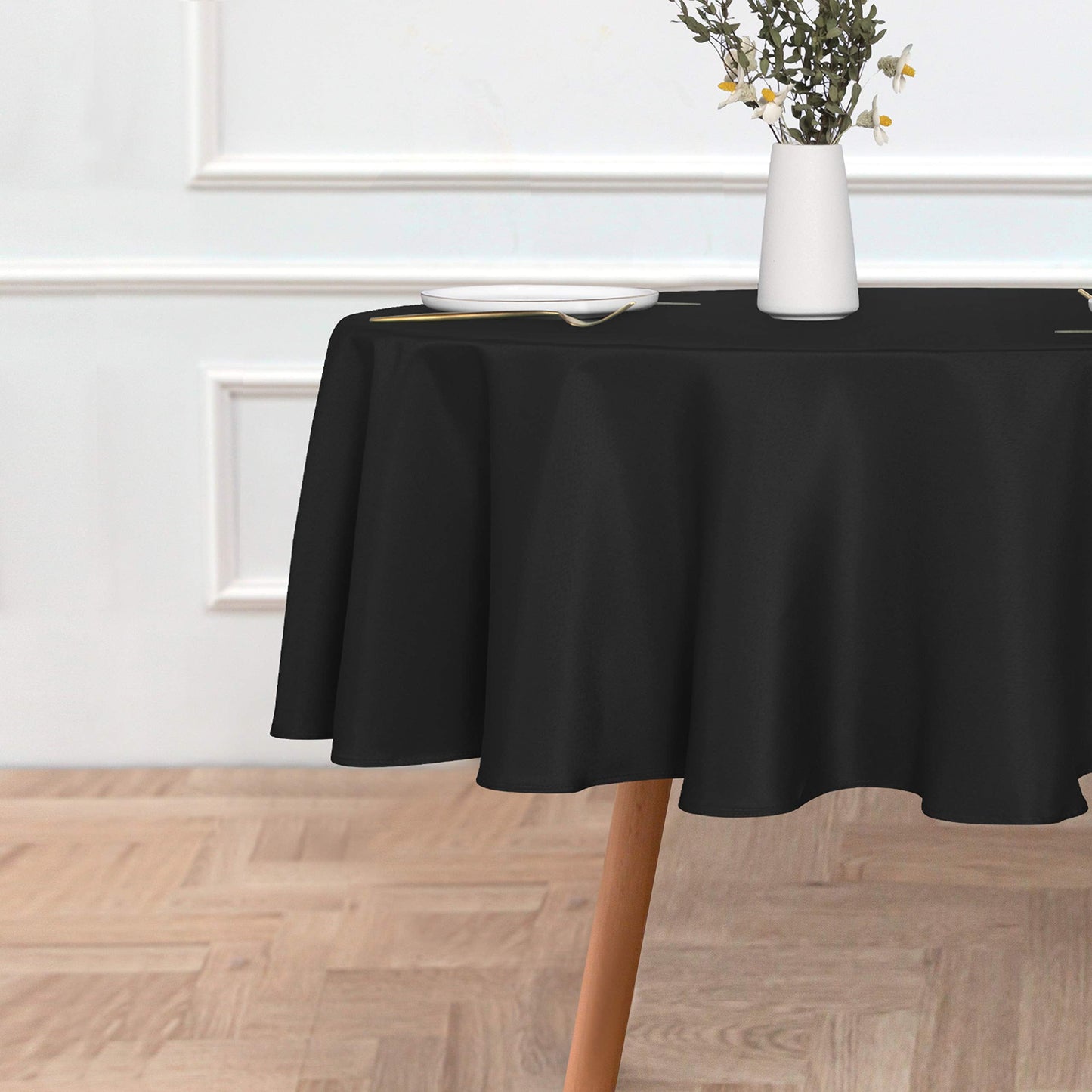 sancua Round Tablecloth - 60 Inch - Water Resistant Spill Proof Washable Polyester Table Cloth Decorative Fabric Table Cover for Dining Tables, Buffet Parties and Camping, Black
