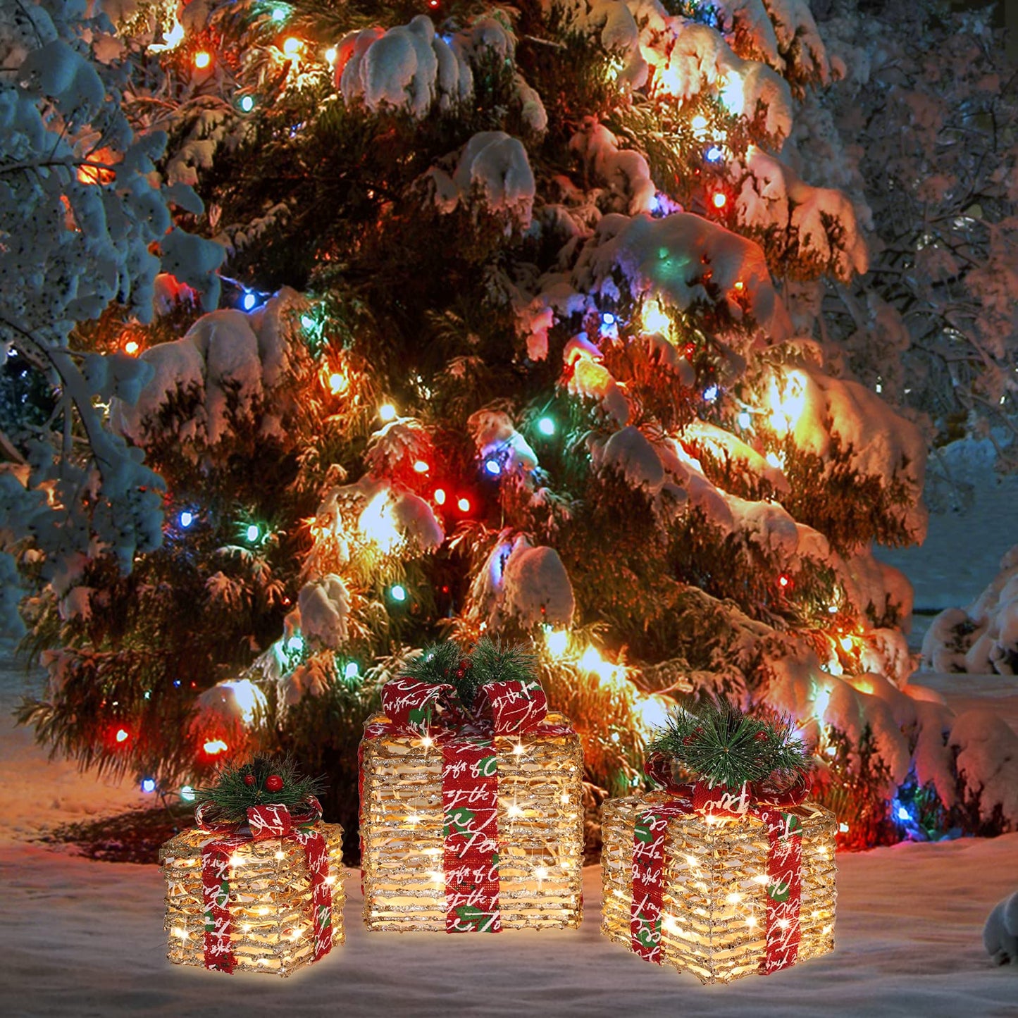 JUSTPRO [Large 10x8.5x7 Inches] 3 Piece Lighted Gift Boxes Christmas Decorations 10"+8.5"+7" 70LED Rattan Three Gifts, Warm Light, 6+1 Flash, 5V