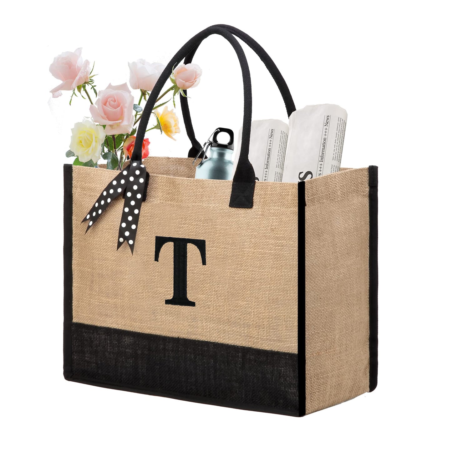 BeeGreen Initial Canvas/Jute Tote Bag Personalized Bag for Wedding, Birthday, Beach, Gift for Women, Mom, Teacher,Friend