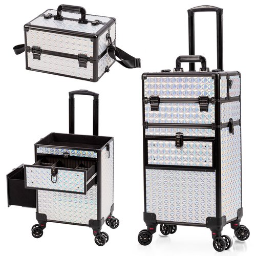AROUS Rolling Makeup Train Case with Large Drawer, Multi-functional Cosmetic Trolley with 360° Swivel Wheels Keys, Large Storage Traveling Cart Trunk, Train Cases for Nail Technicians