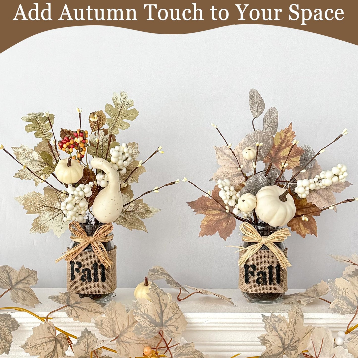 2 Pack 13.5 Inch Fall Decorations for Home Fall Table Centerpieces with 20 LED Lights Timer, Mason Jar with Maple Leafed Pumpkins Berried for Fall Thanksgiving Dining Table Decor Coffee Table Bathroom