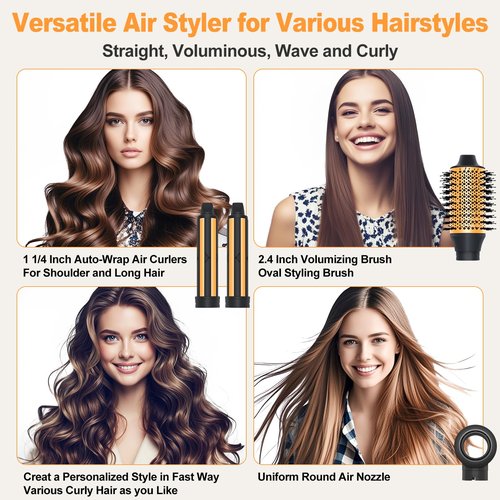 Air Styler Hair Dryer Brush - 110000 RPM Powerful Blow Dryer Brush for Professional Fast Drying, Curling, Volumizing, Multi-Styler with Auto-Wrap Curlers, Oval Brush, Round Nozzle (Black-Orange)