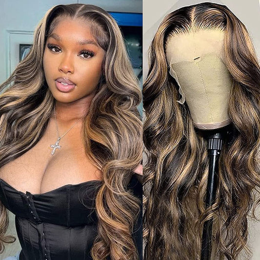 MEGALOOK Ombre Highlight Lace Front Wig Human Hair #FB27 Body Wave Lace Front Wigs for Black Women Human Hair 13x4 HD Lace Front Wigs 200% Density Natural Hairline Pre Plucked with Baby Hair 26 inch