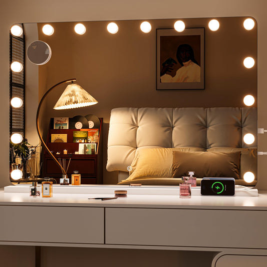 Hasipu Vanity Mirror with Lights 35" x 24", Makeup Mirror with Lights and Magnification, Hollywood Mirror with 3 Color Modes, LED Make up Mirror, Light up Mirror with USB & Type-C Charging