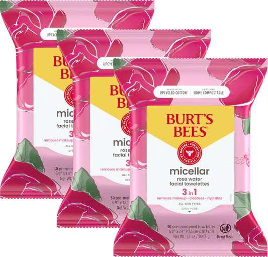 Burt's Bees Coconut & Lotus Face Wipes, for All Skin Types, Micellar Makeup Remover & Facial Cleansing Towelettes, 30 Ct. (3-Pack)