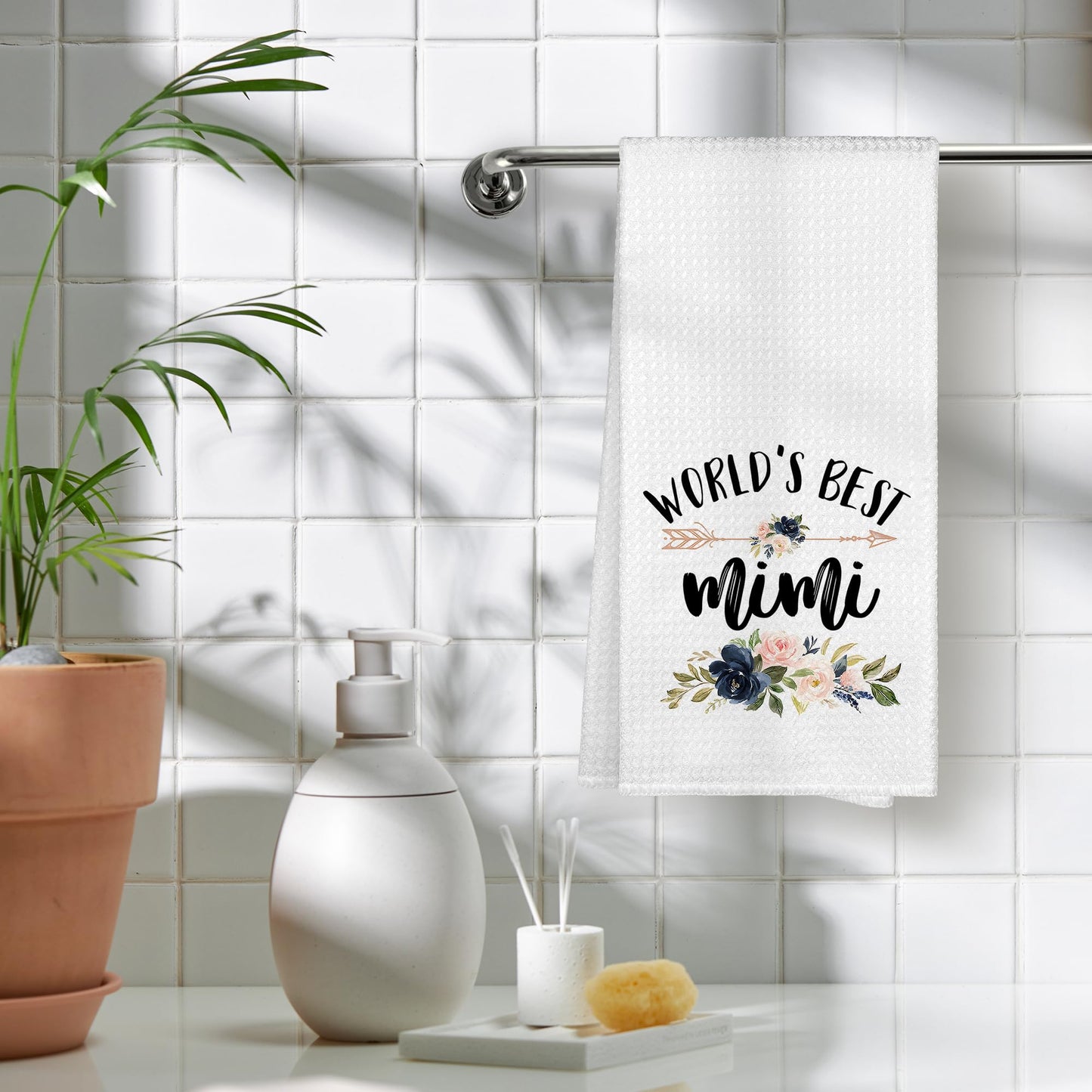 WAITPI Mimi Grandma Gifts Kitchen Towels, World's Best Mimi Christmas Birthday Gifts Hand Towels for Grandma from Grandkids, Floral Decorative Hand Dish Towels for Bathroom Mother's Day Decor 16x24 In