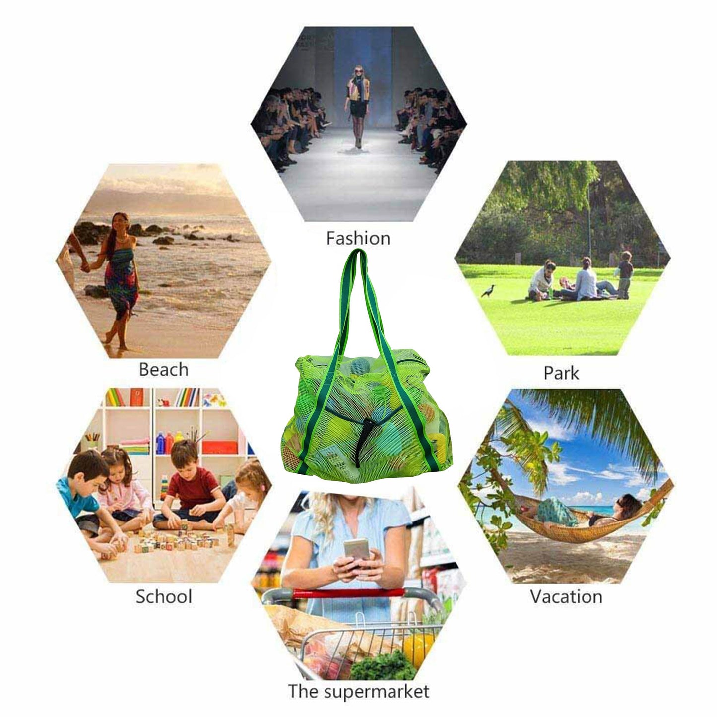 Leberna Large Beach Bag with Zipper Lightweight - Beach Toy Mesh Bag for Swimming Pool Sand Toys Green