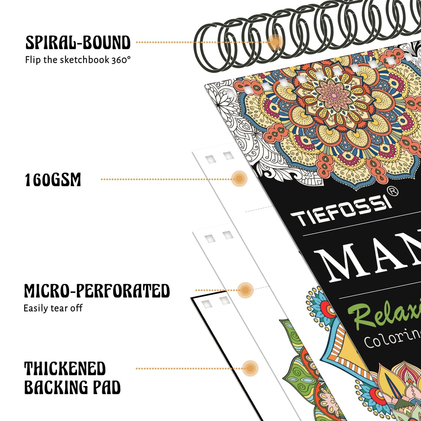 TIEFOSSI Relaxing Coloring Book, for Adults to Relax and Relieve Anxiety,160 GSM 60 Original Tearable Mandala Patterns Designs, Gift for Kids Adult
