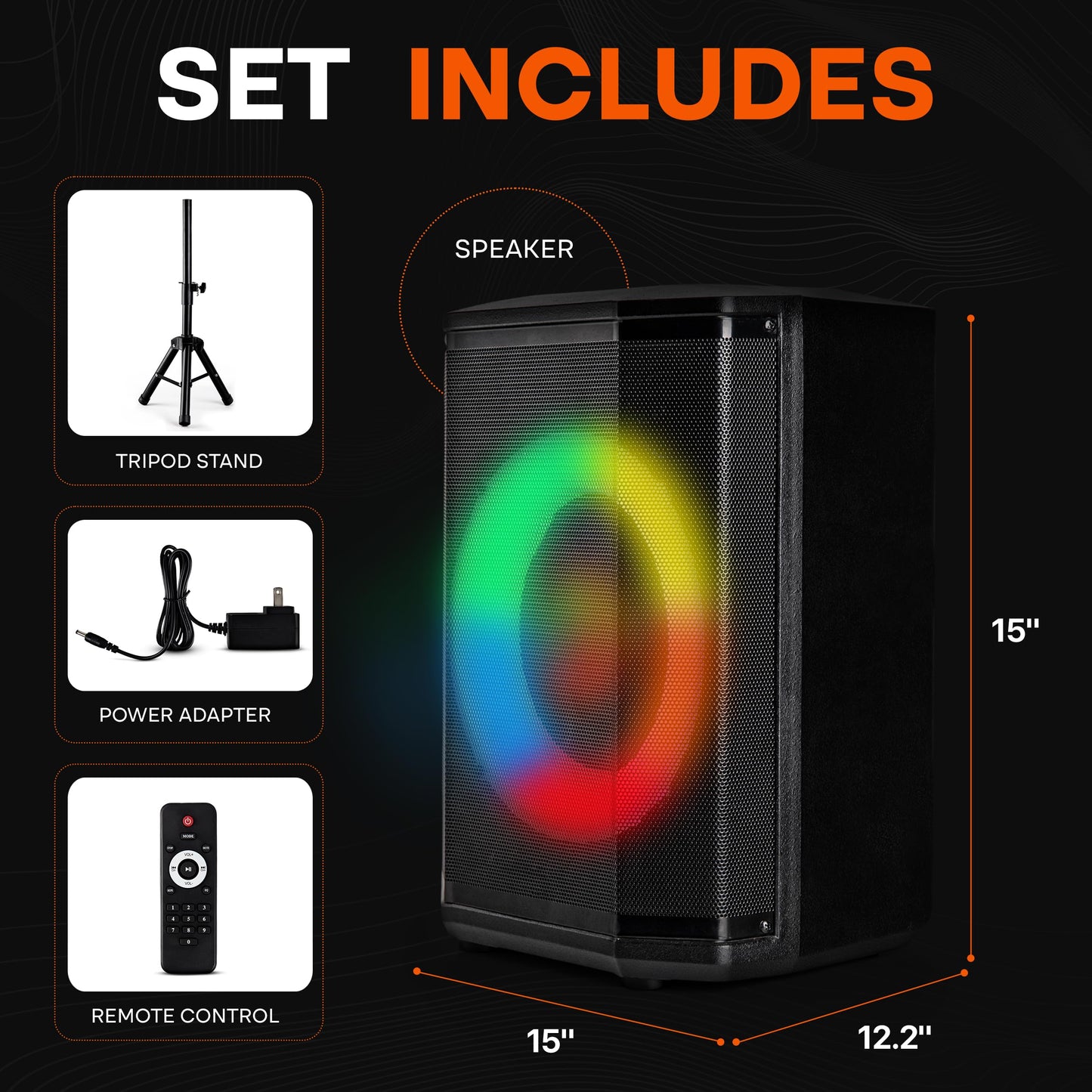 Pyle Portable Bluetooth Speaker with 8" Inch Woofer, TWS Function, Mic Input, USB/Micro SD/FM Radio, Colorful Ring Lights, 120W Rechargeable Battery, Tripod Stand, Hi-Fi Sound, Indoor/Outdoor Use