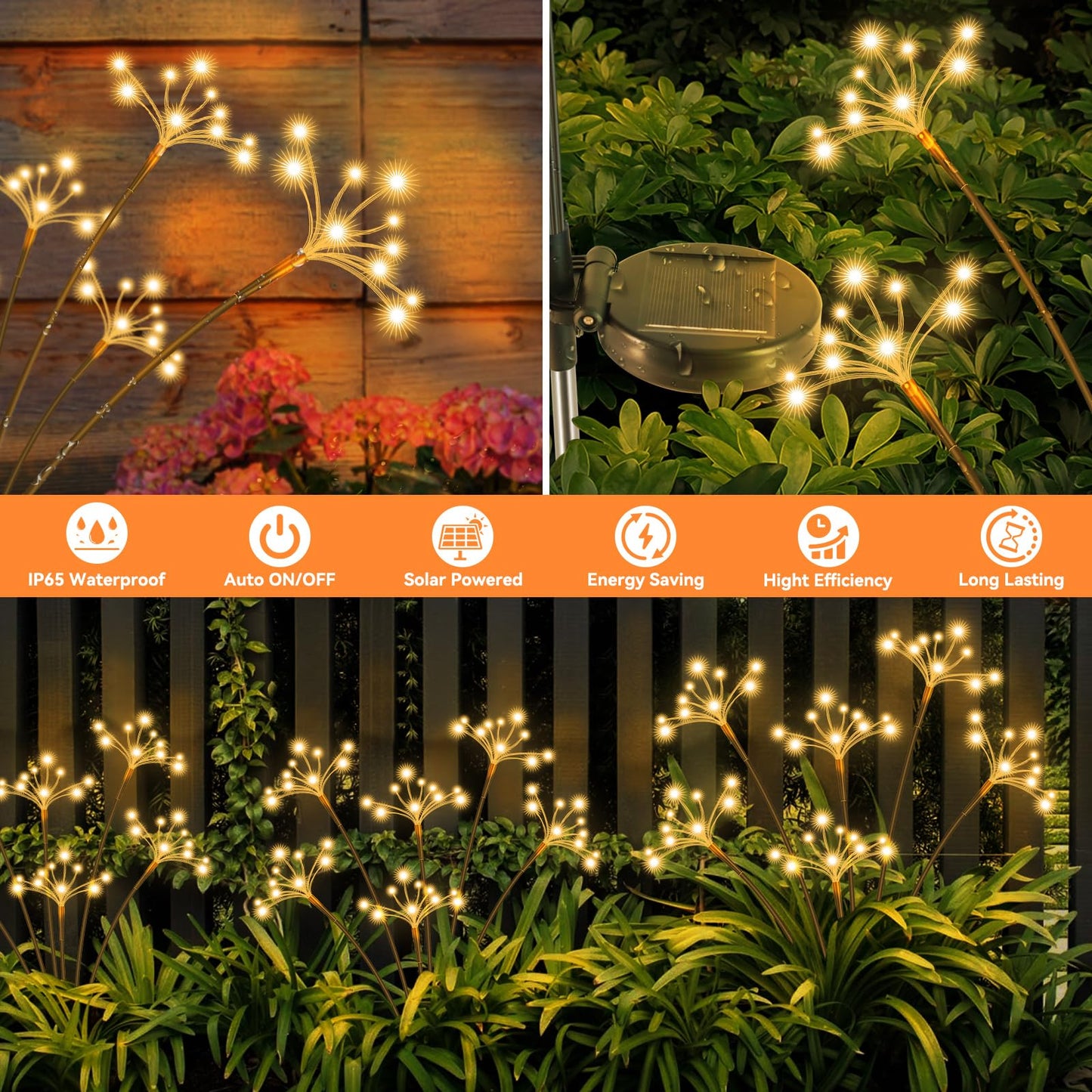 Solar Garden Lights 2 Pack Waterproof Solar Swaying Starburst Light Outdoor Lights for Yard Patio Walkway Pathway Party Wedding Christmas Decoration, Warm White