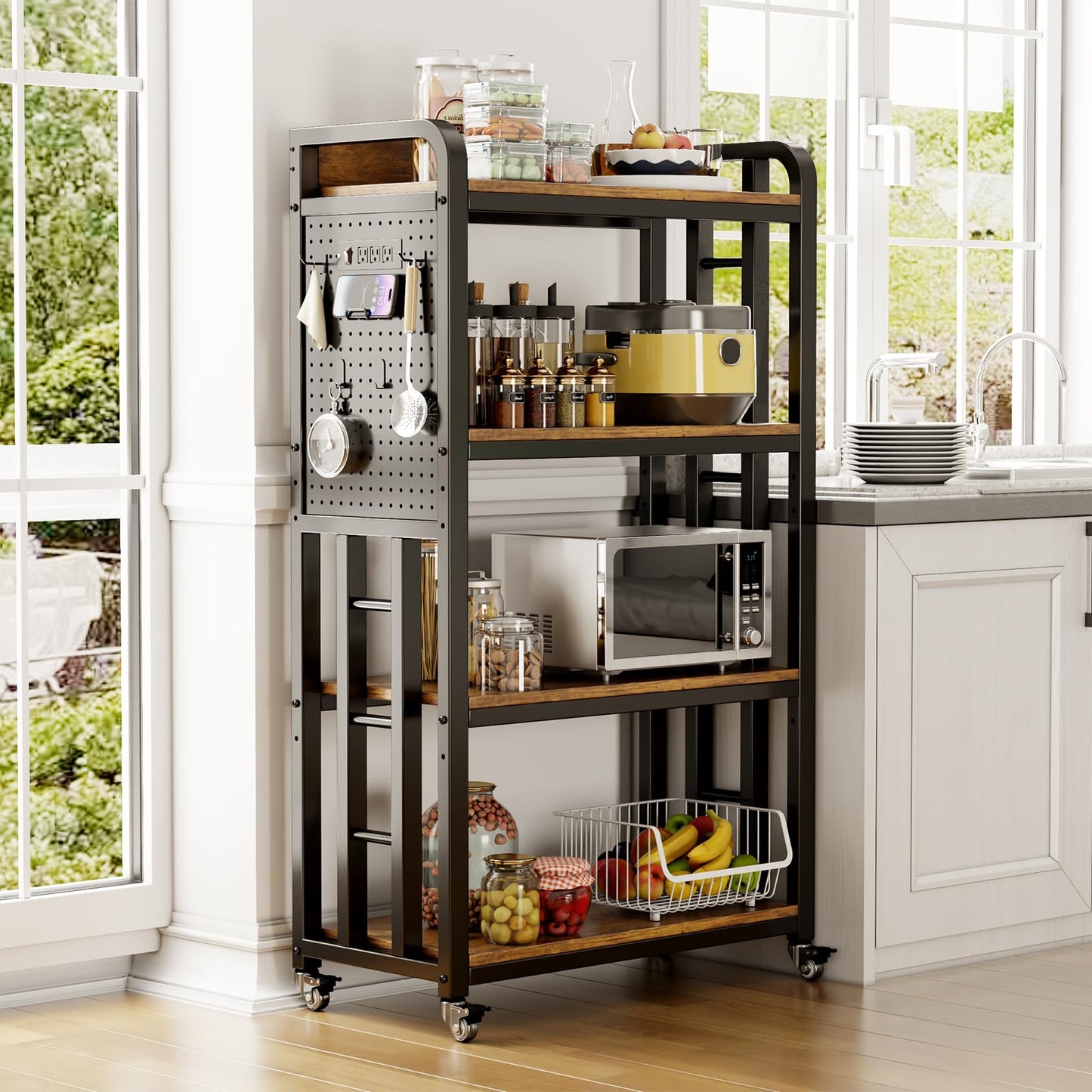 Kitchen Bakers Rack with Power Outlet,With pegboard Bakers Racks,Microwave Oven Stand with Storage 4 Tiers,microwave stand， for Living Room, Dining Room, Coffee Bar(Rustic Brown, 15.75x25.2x55)