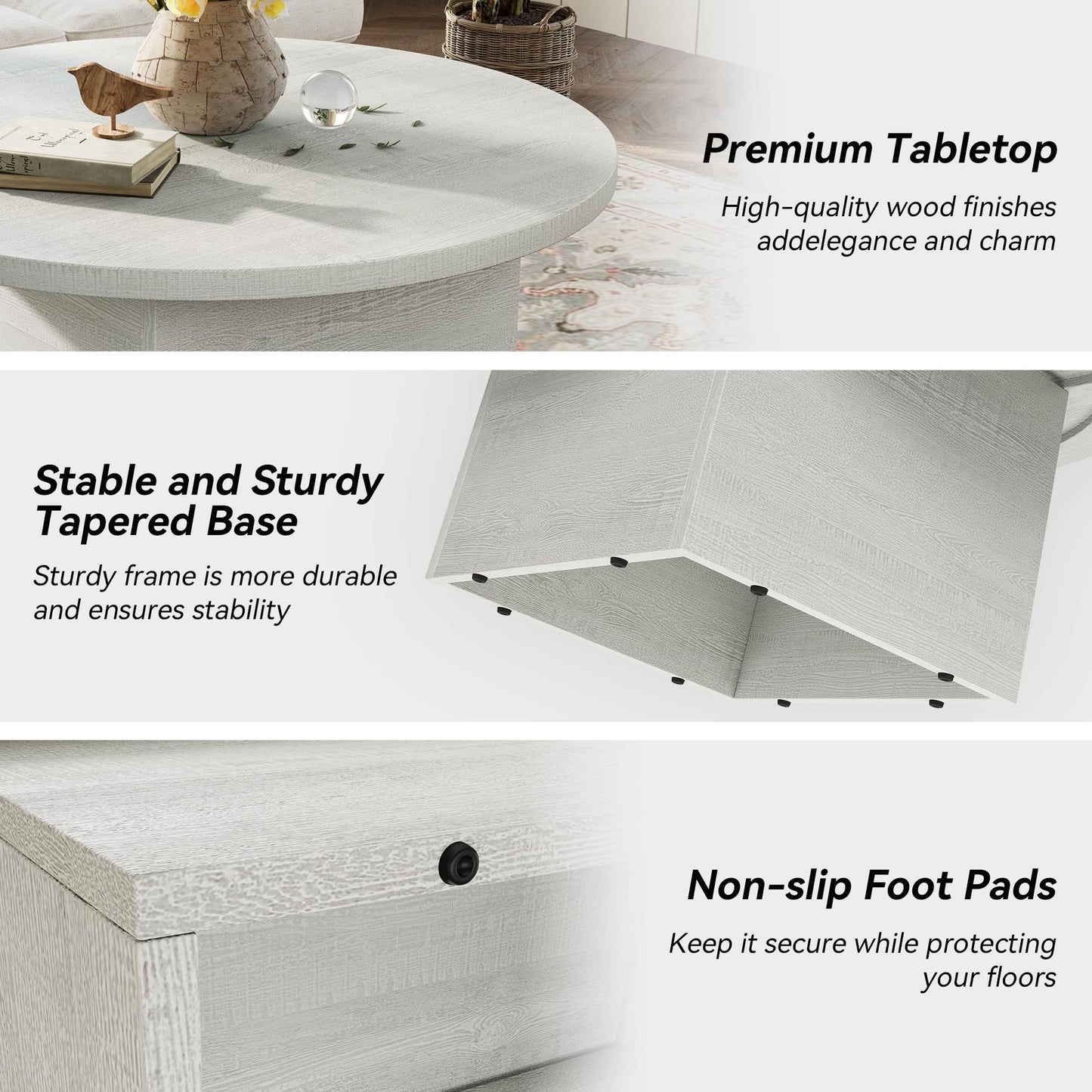 AMICLIBER Round Coffee Table, 35.5-Inch Modern Engineered Wood Center Coffee Tables for Living Room, Home Office Wooden Farmhouse Rustic Cocktail Tea Accent Table,White