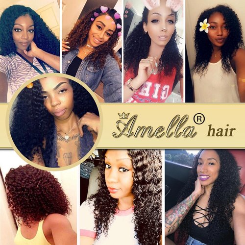 Amella Hair 8A Brazilian Hair Frontal with Bundles Kinky Curly 3 Bundles with Free Part Lace Frontal 100% Unprocessed Virgin Brazilian Hair 10 12 14+10 inch Frontal
