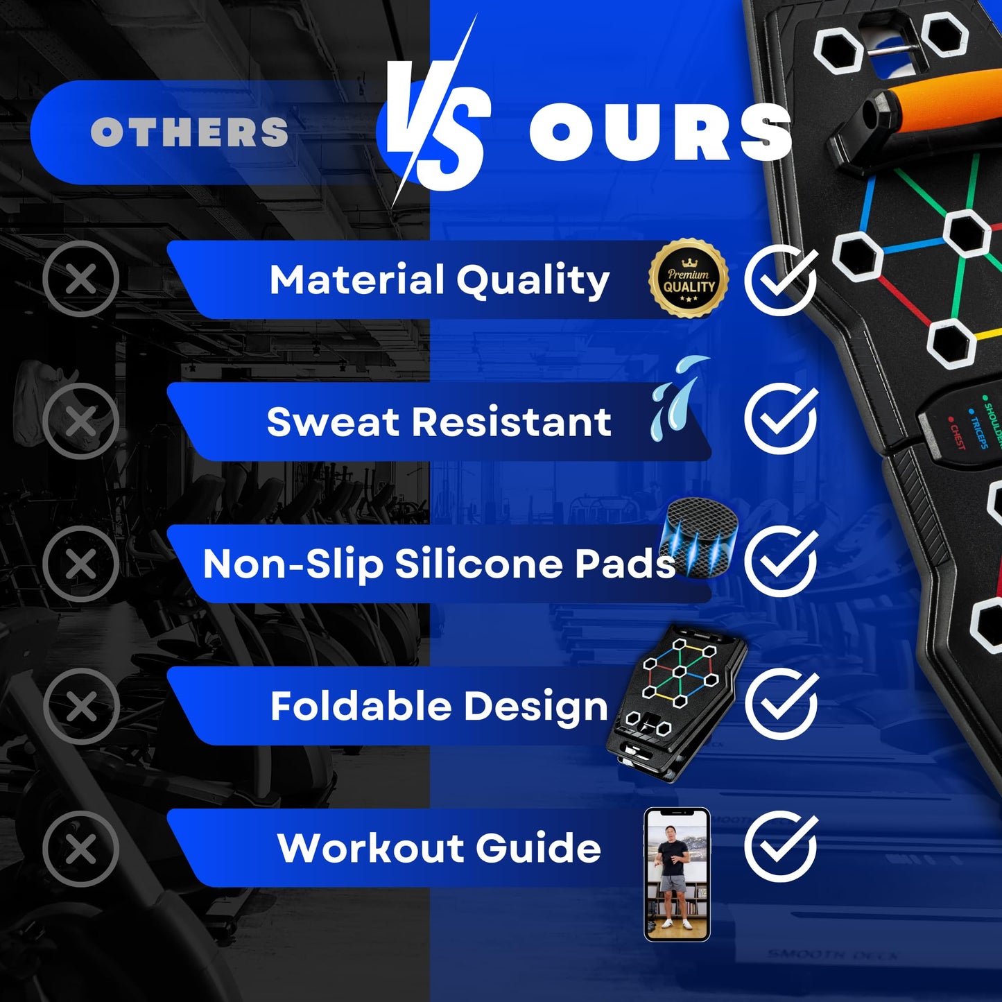 Push Up Board for Full Body Workout - Versatile Home Workout Equipment with QR Code Guided Workouts, Sweat Resistant Handles, Resistance Bands, Perfect for Beginners to Pros - L&C Exercise Essentials