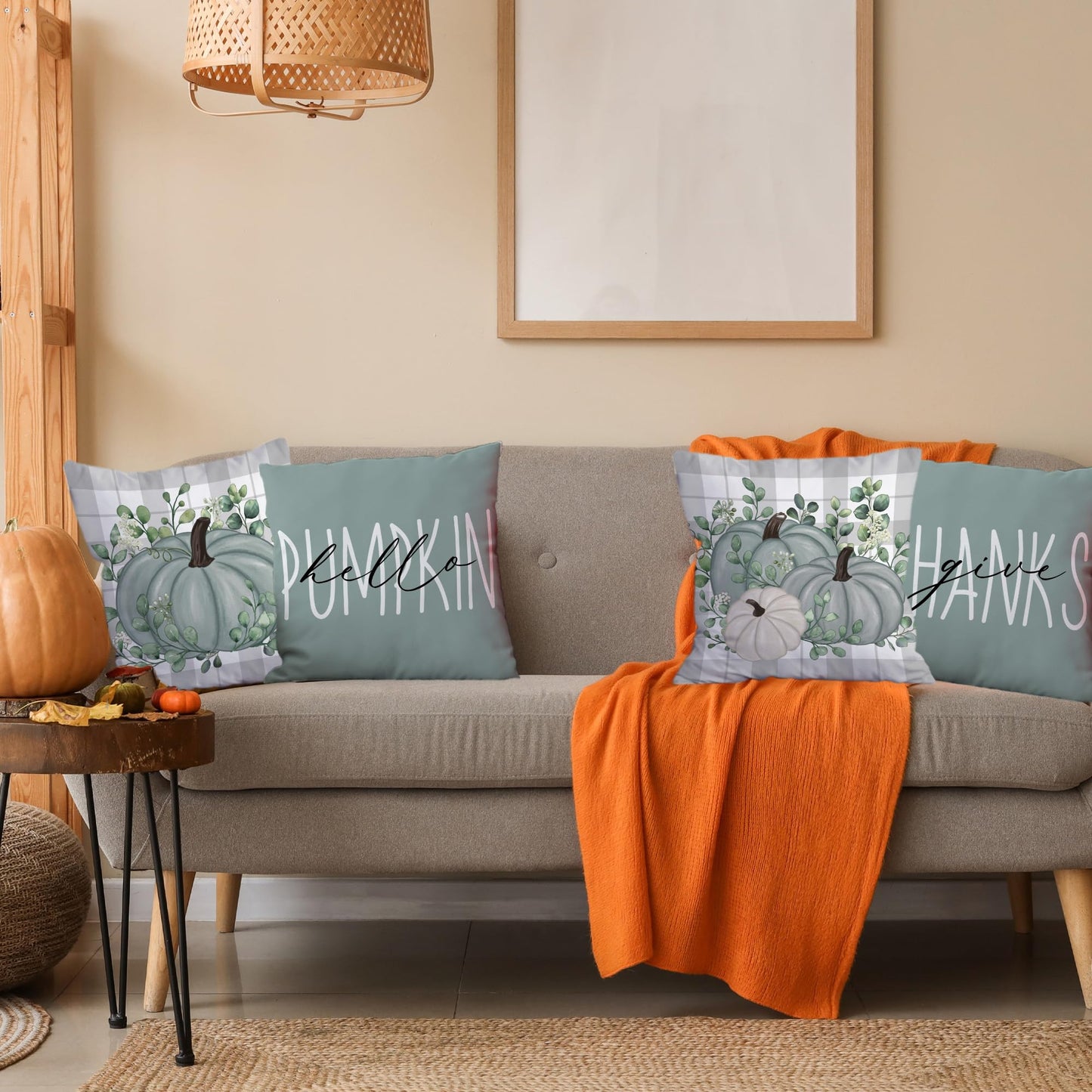 FUTBU Fall Pillow Covers 18x18, Fall Decorations Indoor Pillow Covers Set of 4 Blue, Autumn Decor Pumpkin Eucalyptus Leaves Throw Pillow Covers Harvest for Couch Sofa Living Room Outdoor Thanksgiving