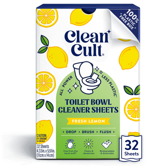 Cleancult Toilet Bowl Cleaner Sheets - Dissolvable, Septic Safe, Effective Cleaning, Removes Stains & Rings, Cleans & Deodorizes - 32 Uses - Fresh Lemon Scent - Plastic-Free Packaging