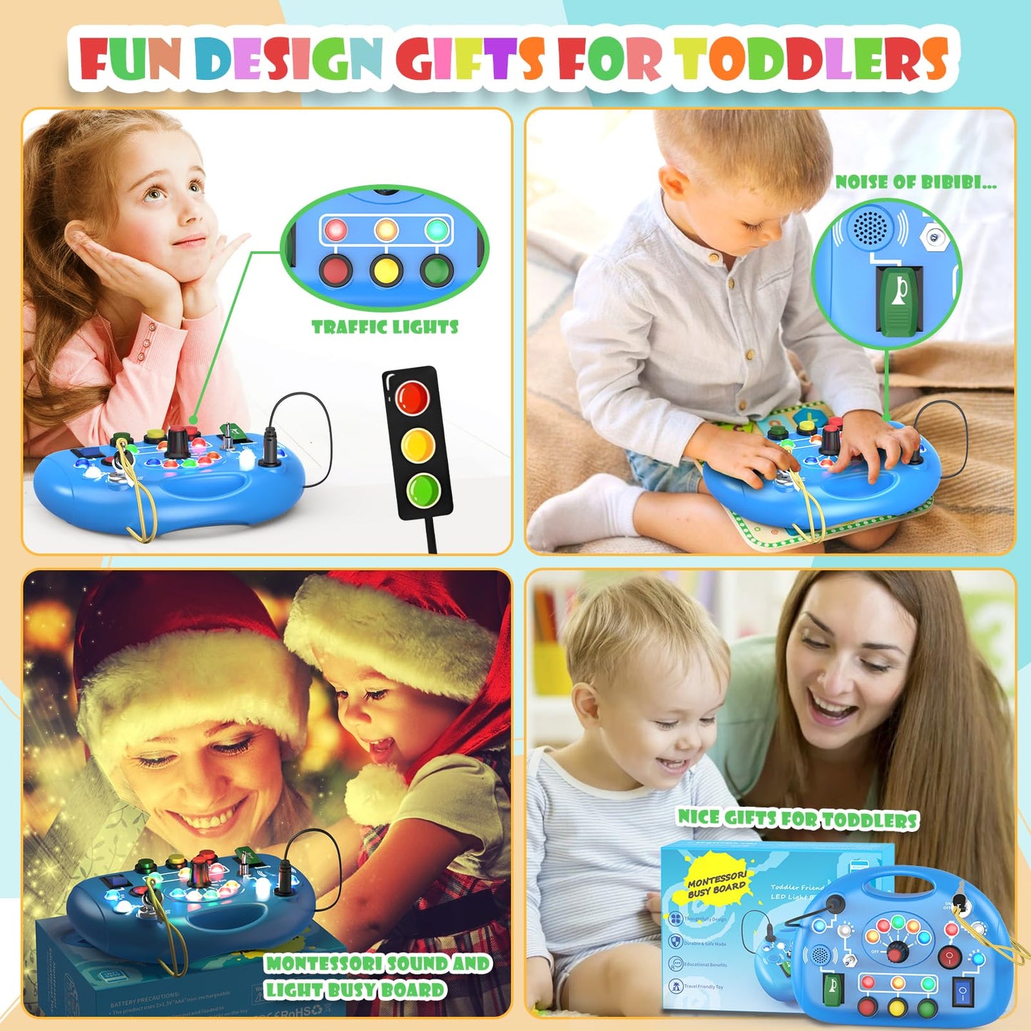 JIWORT Busy Board with LED Light, Montessori Busy Board for 1+ Year Old, Sensory Toys for Toddlers 1-3, Fidget Board Travel Toys for Kids Preschool Learning Activities Boys Birthday (Blue)