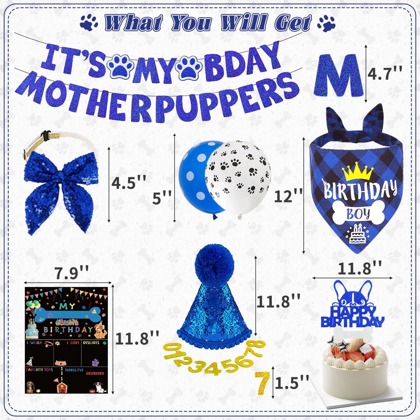 Blue Dog Birthday Party Supplies Pet Birthday Bandanas Boy Doggy Birthdays Hat Bow Tie Greeting Card Numbers It’s My Bday Mother Puppers Sign Banner for Medium Large Pets