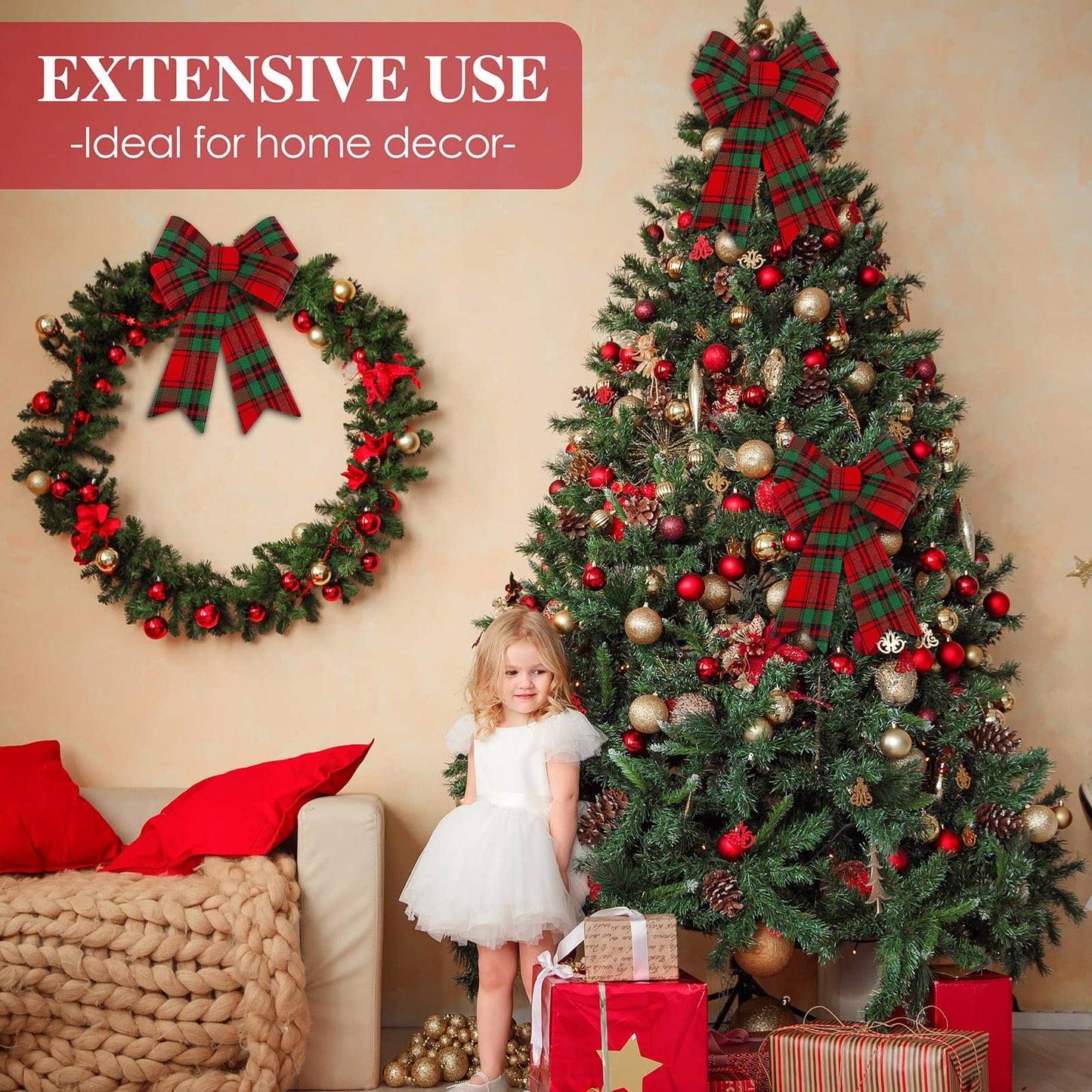 Aneco 6 Pack Red and Green Buffalo Plaid Christmas Wreaths Velvet Bows for Indoor and Outdoor Decorations